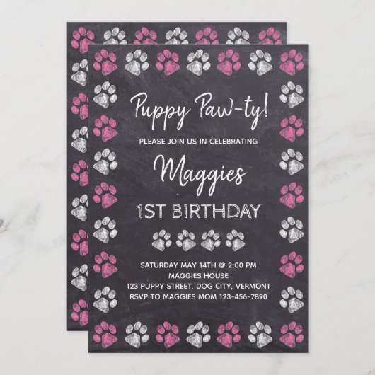 チャルクボードパピーポーティドッグ誕生日 招待状 (正面/裏面)