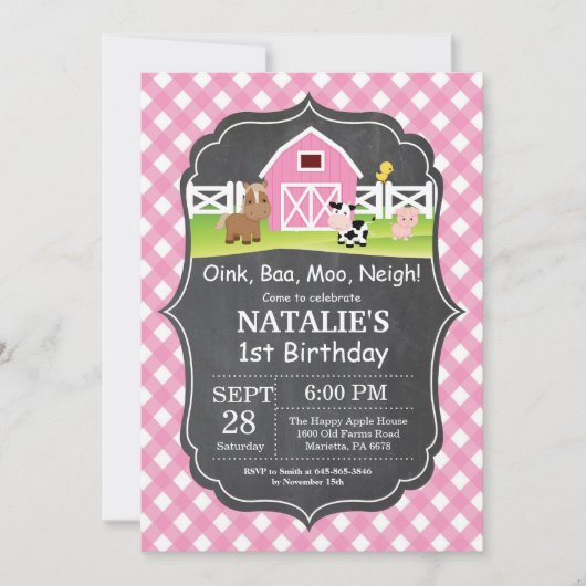 チャルクボードファーム誕生日招待状納屋周囲の庭パーティー 招待状 (正面)