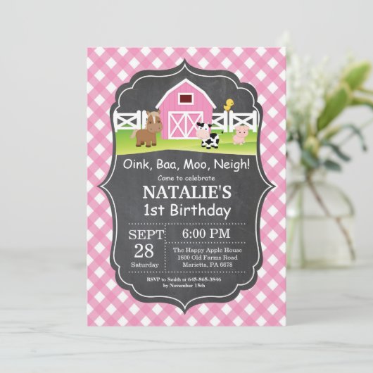 チャルクボードファーム誕生日招待状納屋周囲の庭パーティー 招待状 (スタンド正面)