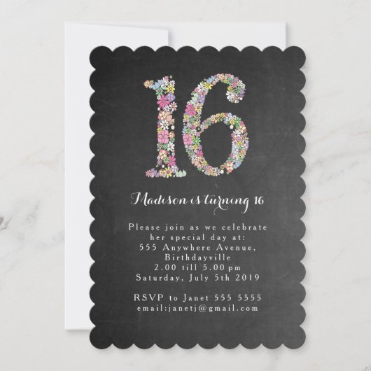 チャルクボードフローラスイート16バースデーパーティ招待状 招待状 (正面)