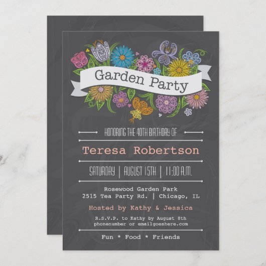 チャルクボードフローラバナーガーデンパーティの招待状 招待状 (正面/裏面)