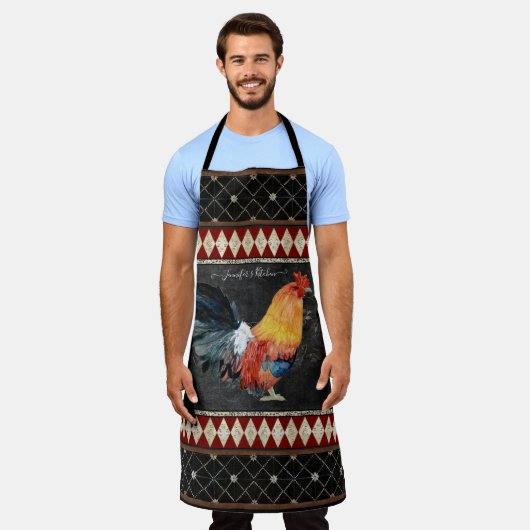 チャルクボードルースターウォーターカラーアート素朴ファームハウス エプロン (着用した状態)