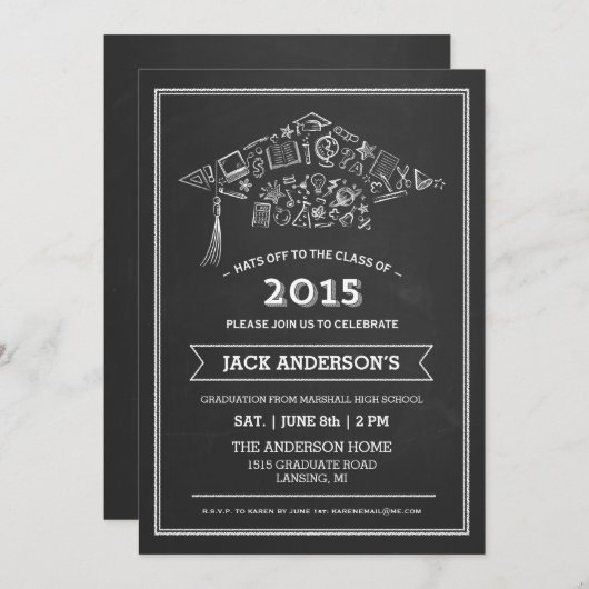 チャルクボード卒業キャップパーティの招待状写真 招待状 (正面/裏面)