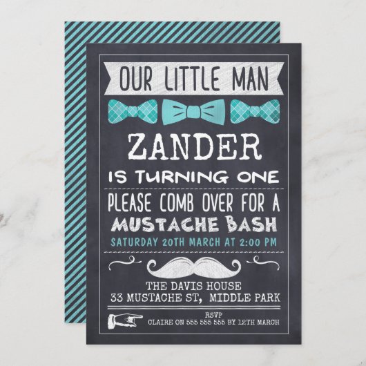 チャルクボード口ひげ第1誕生日招待状 招待状 (正面/裏面)