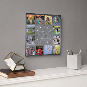 チャルクボー素朴ドファミリー写真コラージュモノグラム スクエア壁時計