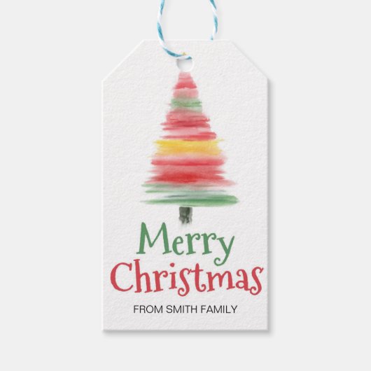 チャルストマスウォーターカラーパインツリーズギフトラベル ギフトタグ (正面)