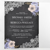 チャル素朴クボードレースパープルフローラ結婚の写真 三つ折り招待状 (内部最初)