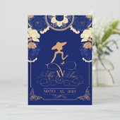 チャロのご招待状（ネイビーブルーとゴールド） 案内状 (スタンド正面)