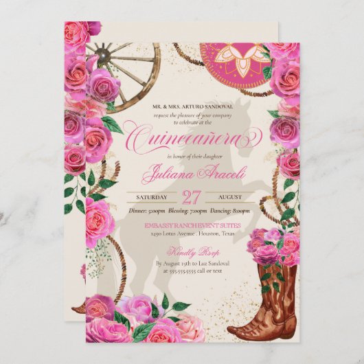 チャロエレガントピンクローズウエスタンブーツキンセアニェラ 招待状 (正面/裏面)