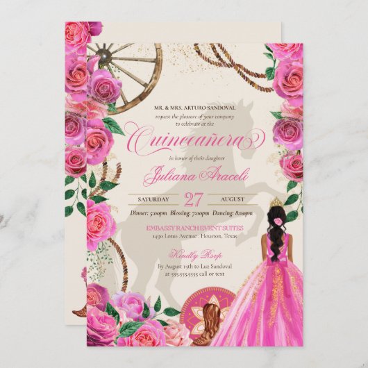 チャロエレガントピンクローズウエスタンランチキンセアニェラ 招待状 (正面/裏面)