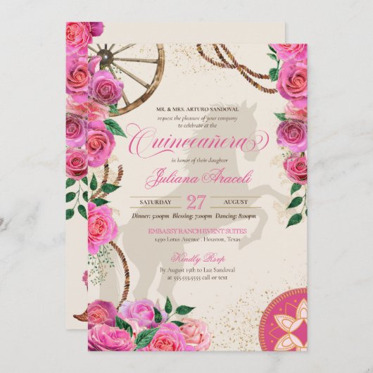 チャロエレガントピンクローズウエスタンランチキンセアニェラ 招待状 (正面/裏面)