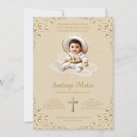 チャロバプテスマ招待状 – ボーイタン&金ゴールド 招待状 (正面)