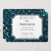 チャンキーティール（緑がかった色）ブルーフェイクグリッター誕生日 招待状 (正面/裏面)