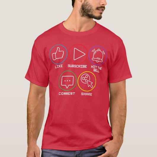 チャンネル登録と高評価とベルマークとコメントと共有とライブ配信 Tシャツ (正面)