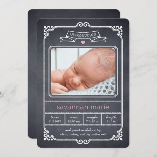 チャークフレーム誕生アナウンス-ピンク 案内状 (正面/裏面)