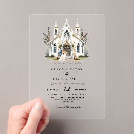 チャーチエレガントウウォーターカラーヴェニュートマノー結婚ズ アクリル招待状