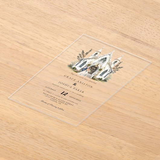 チャーチエレガントウウォーターカラーヴェニュートマノー結婚ズ アクリル招待状 (レイダウン)