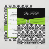 チャートルーズ色、白、黒のダマスク柄返信カード 出欠カード (正面/裏面)