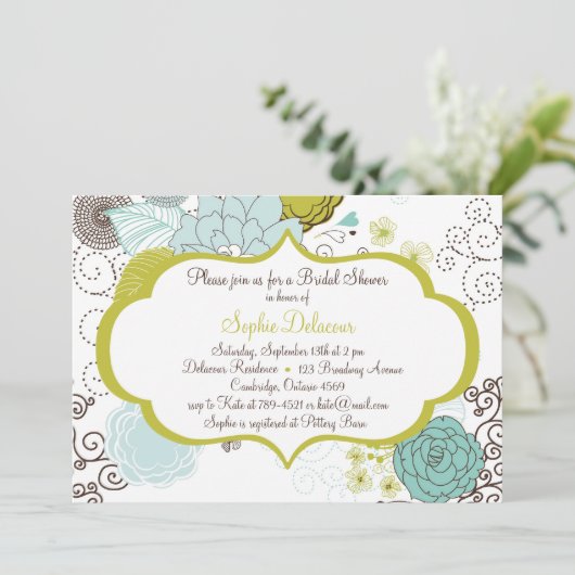 チャートルーズ&ブルーフローラブライダルシャワー招待状 招待状 (スタンド正面)