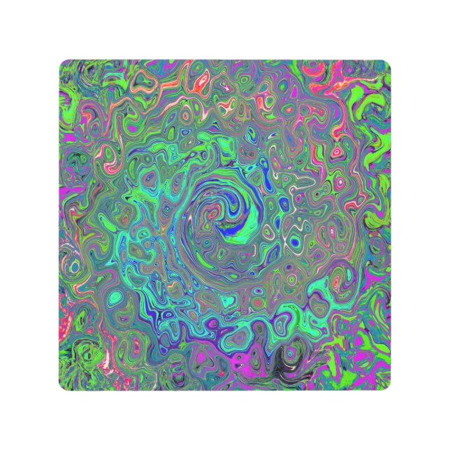 チャートレトリップ（幻覚体験）のようなーズとブルーレトロ液体スワール メタルプリント (正面)