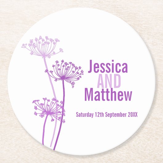 チャービル結婚グラフィックアート紫の紙コースター ラウンドペーパーコースター (正面)