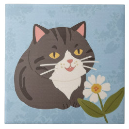 チャーミングでかわいいグレー猫とカモミールの花 タイル