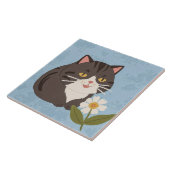 チャーミングでかわいいグレー猫とカモミールの花 タイル (側面)
