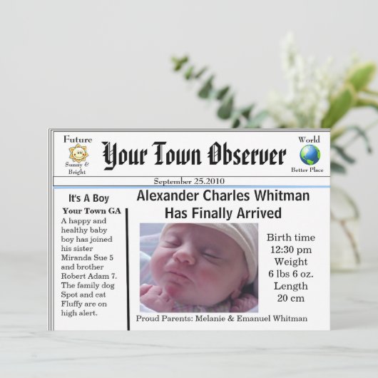 チャーミングで及びユニークなベビーの誕生の発表 案内状 (スタンド正面)