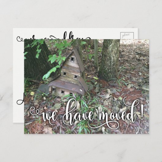チャーミングで古い巣箱の写真の"引っ越しました"の通知 案内ポストカード (正面/裏面)
