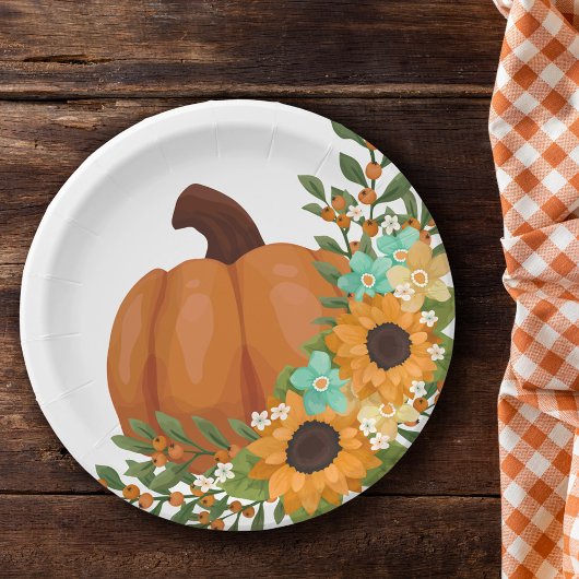 チャーミングなひまわりとオレンジ色のカボチャ ペーパープレート