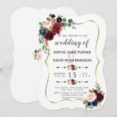 チャーミングなゴールド メルロット ネイビーブルー 花のウェディング 招待状 (正面/裏面)