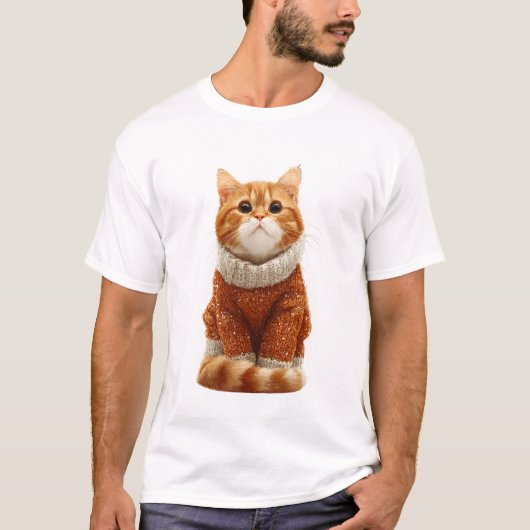 チャーミングなジンジャーキャットのかぎ針編みのセーター姿 Tシャツ (正面)