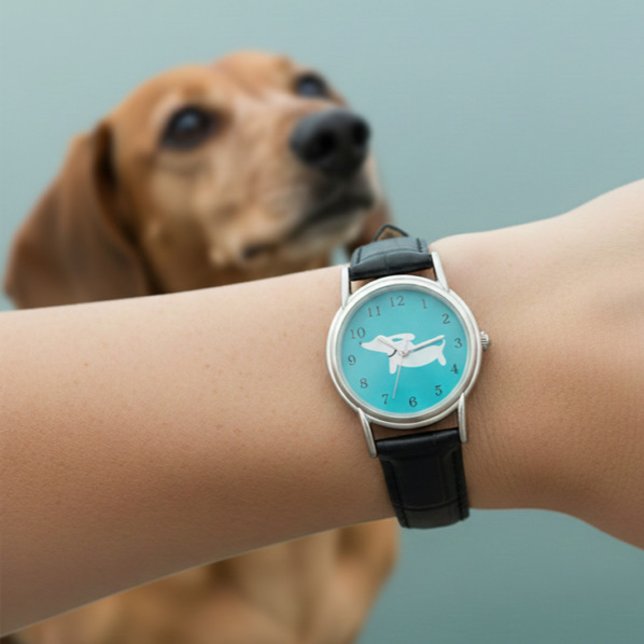 チャーミングなダックスフンドウォッチ ティールフェイスレザーバンド 腕時計 (Wiener dog watch - leather band)