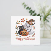 チャーミングなハロウィン グリーティング カード - 手描きの刺繍スタイルのゴースト (スタンド正面)