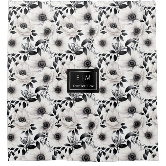 チャーミングなモノクロの花柄バスルームデコレーション シャワーカーテン (正面)