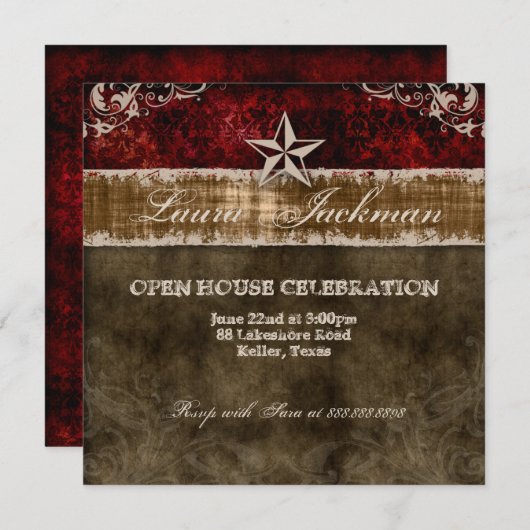 チャーミングなヴィンテージ卒業写真カード ダマスク スター 赤 招待状 (正面/裏面)