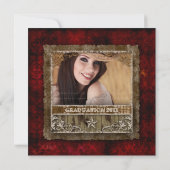 チャーミングなヴィンテージ卒業写真カード ダマスク スター 赤 招待状 (裏面)