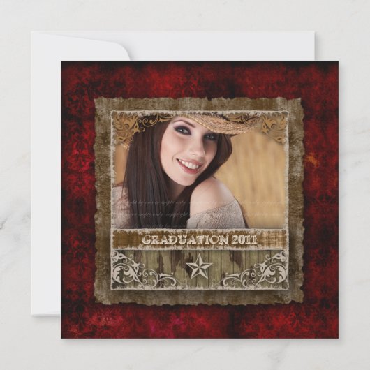 チャーミングなヴィンテージ卒業写真カード ダマスク スター 赤 招待状 (裏面)