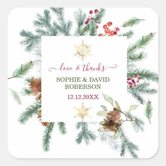 チャーミングな冬の休暇　松ぼっくりと実のクリスマス スクエアシール (正面)