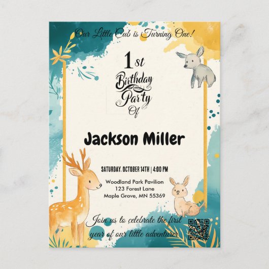 チャーミングな森林の動物の1歳の誕生日招待状 ポストカード (正面)