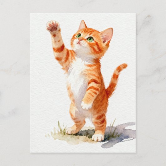 チャーミングな水彩画のオレンジテビー子猫の伸び ポストカード (正面)
