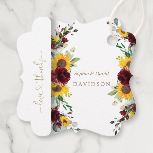 チャーミングな秋のバーガンディローズとヒマワリのウェディング フェイバータグ (裏面)