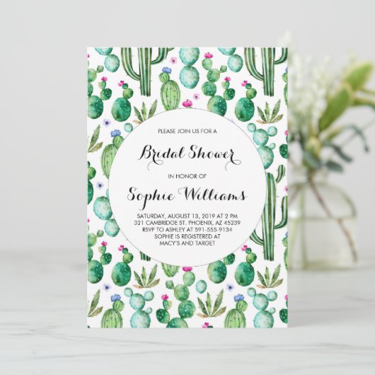 チャーミングな緑の水彩画のサボテンのブライダルシャワー 招待状 (スタンド正面)