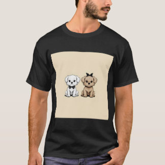 チャーミングな表情の2匹のキャラクター犬が対称に座っている Tシャツ