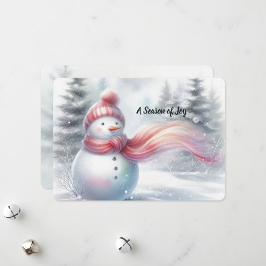 チャーミング ピンク スカーフの雪だるま クリスマスカード (正面/裏面インサイチュ)