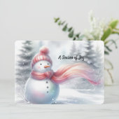 チャーミング ピンク スカーフの雪だるま クリスマスカード (スタンド正面)