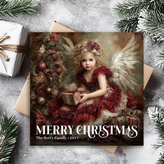 チャーミング ヴィクトリアン エンジェル ディープレッド クリスマスカード