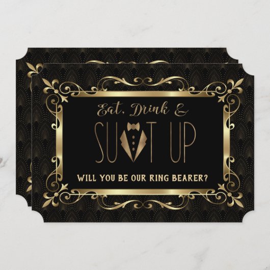 チャームに満ちた1920年代のゴールドアートデコ　リングボアになって 招待状 (正面/裏面)