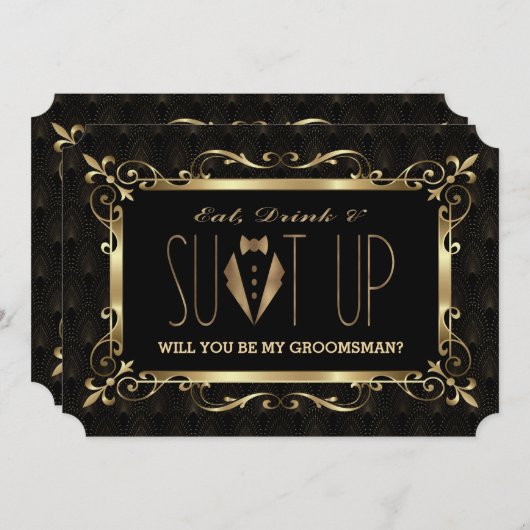 チャームに満ちた1920年代のゴールドアートデコ 私のブライズマンになって 招待状 (正面/裏面)