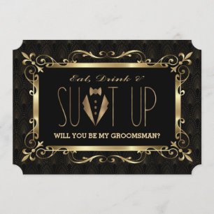 チャームに満ちた1920年代のゴールドアートデコ 私のブライズマンになって 招待状